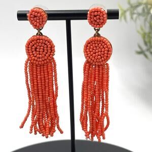 J. Crew Beaded Light Coral Orange Tassel Fringe Long Summer Spring Earrings